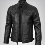 Men’s classic black leather motorcycle jacket with quilted shoulders