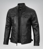 Men’s classic black leather motorcycle jacket with quilted shoulders