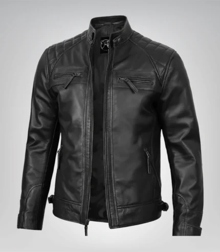 Men’s classic black leather motorcycle jacket with quilted shoulders