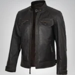 Men’s distressed brown genuine leather biker jacket with quilted shoulder design