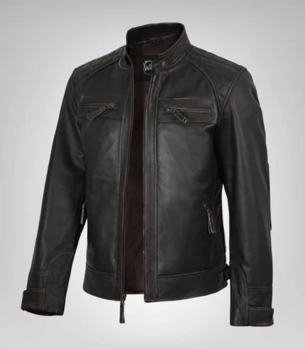Men’s distressed brown genuine leather biker jacket with quilted shoulder design