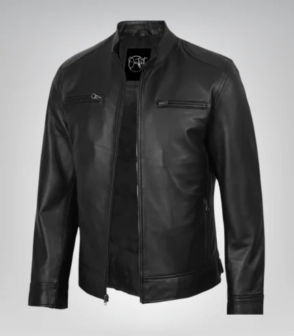 Timeless black motorcycle jacket for men crafted from real leather