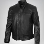 Men’s designer black leather biker jacket with a sleek and timeless look