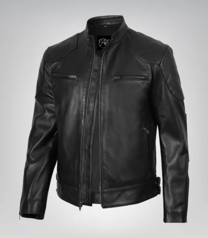 Men’s designer black leather biker jacket with a sleek and timeless look
