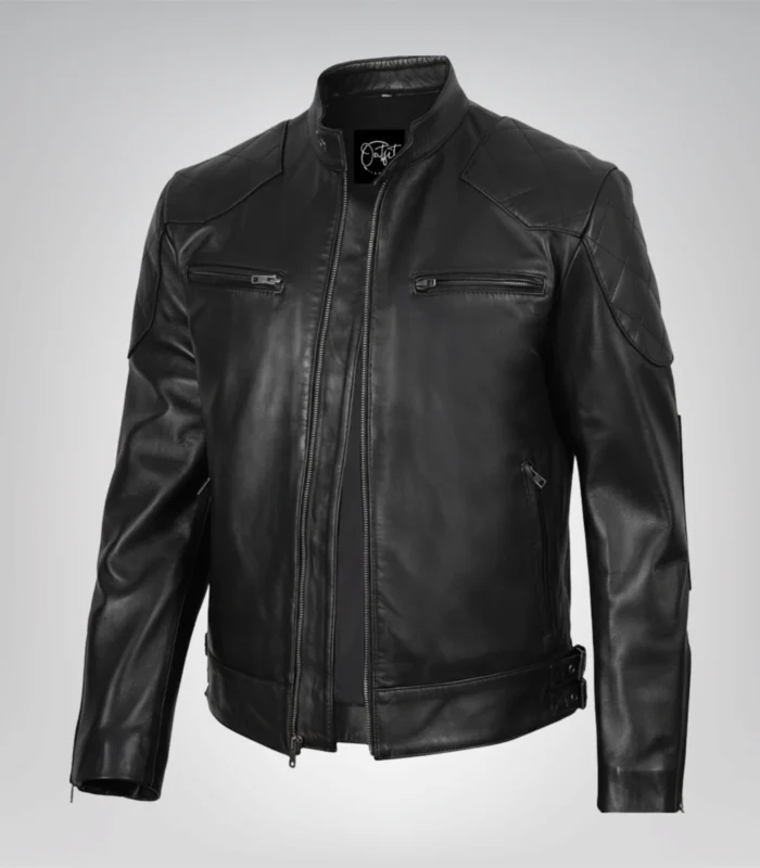Men’s designer black leather biker jacket with a sleek and timeless look