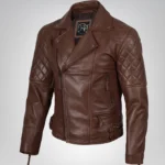 Asymmetrical cognac leather motorcycle jacket for men in a refined modern style
