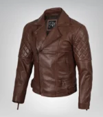 Asymmetrical cognac leather motorcycle jacket for men in a refined modern style