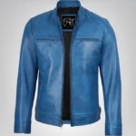Handcrafted men’s blue leather biker jacket in real leather