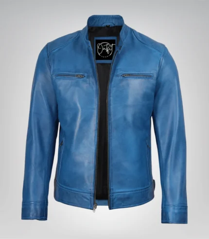 Handcrafted men’s blue leather biker jacket in real leather