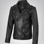 Men’s black leather jacket featuring asymmetrical biker style