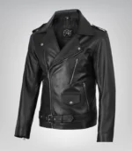 Men’s black leather jacket featuring asymmetrical biker style