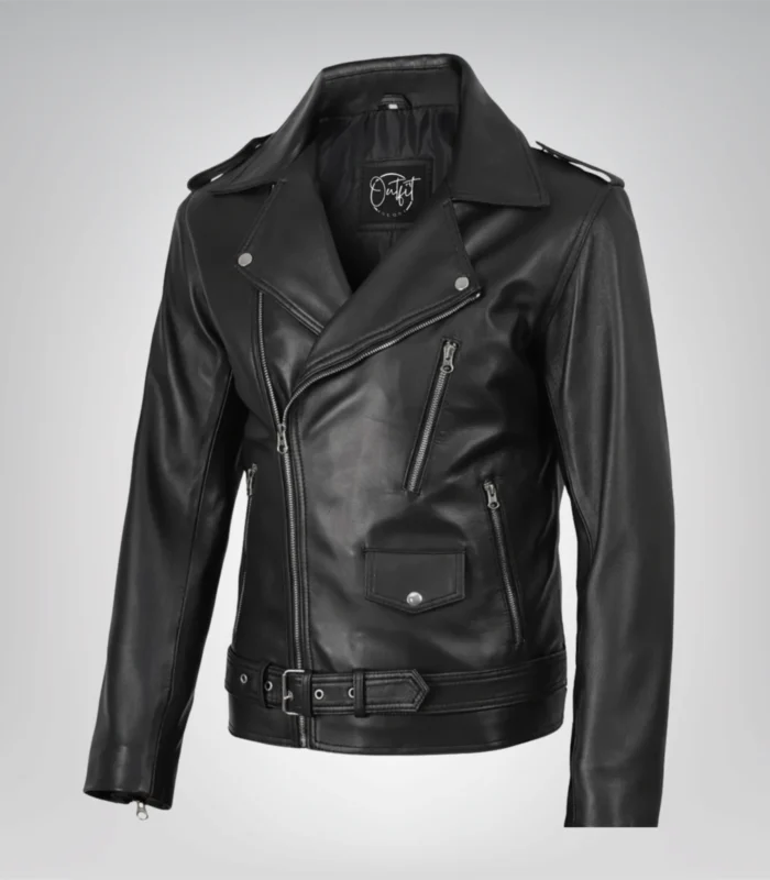 Men’s black leather jacket featuring asymmetrical biker style