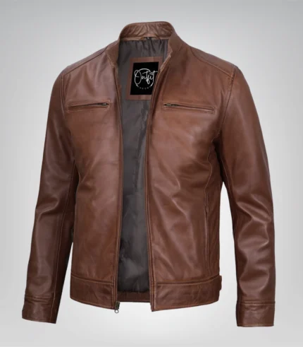 Classic cognac brown leather motorcycle jacket for men
