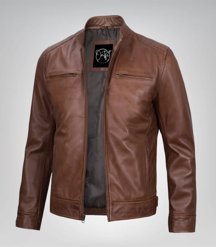 Classic cognac brown leather motorcycle jacket for men