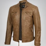 Men’s camel brown leather biker jacket with quilted shoulder detailing