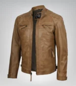 Men’s camel brown leather biker jacket with quilted shoulder detailing