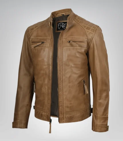 Men’s camel brown leather biker jacket with quilted shoulder detailing