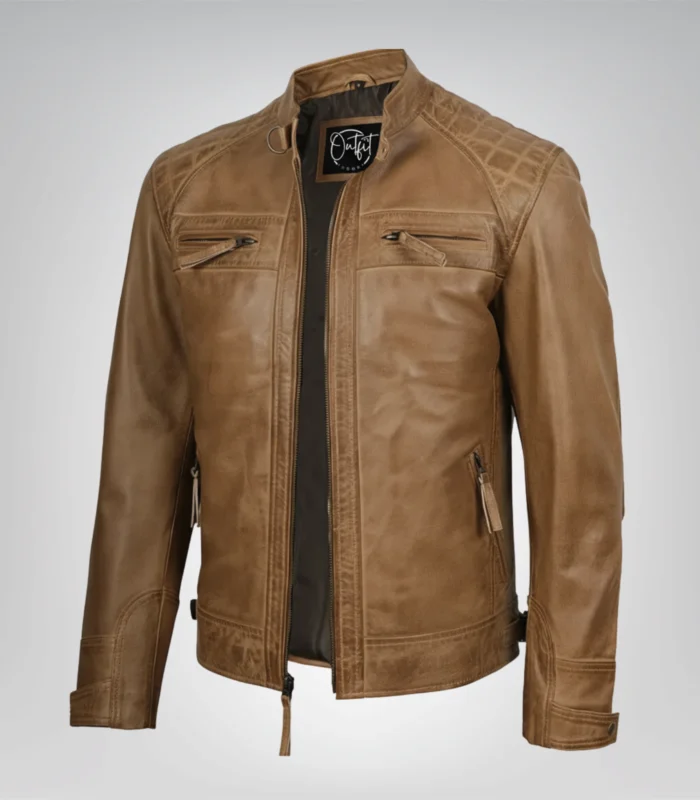 Men’s camel brown leather biker jacket with quilted shoulder detailing