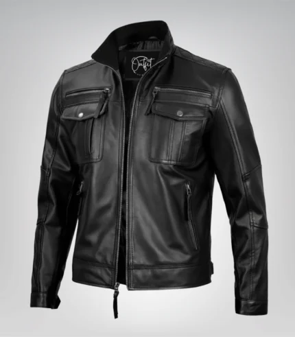 Men’s tailored black biker jacket made from premium leather