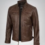 Men’s chocolate brown leather biker jacket with quilted shoulder detailing