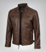 Men’s chocolate brown leather biker jacket with quilted shoulder detailing