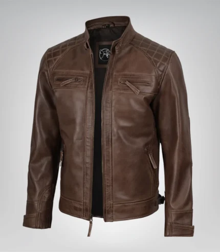 Men’s chocolate brown leather biker jacket with quilted shoulder detailing