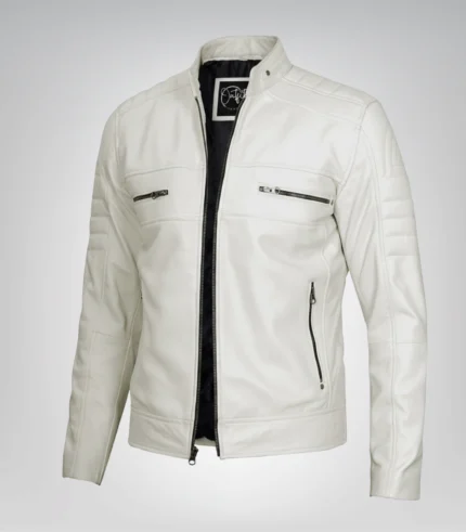 Men’s real leather biker jacket in off-white finish