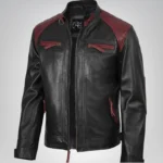 Men’s black and maroon biker leather jacket with quilted shoulders