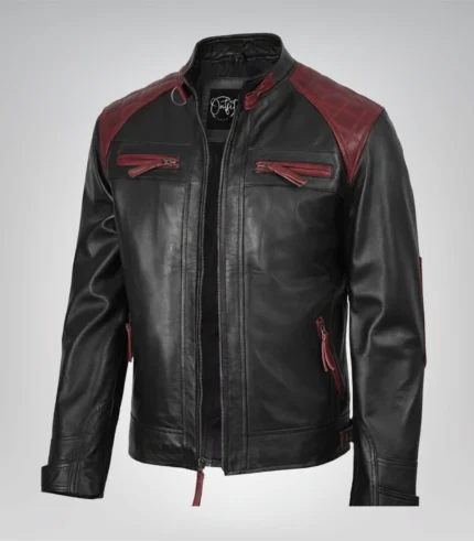 Men’s black and maroon biker leather jacket with quilted shoulders