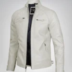 Men’s off-white biker leather jacket with quilted shoulders