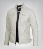 Men’s off-white biker leather jacket with quilted shoulders