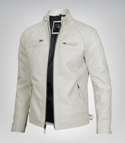 Men’s off-white biker leather jacket with quilted shoulders