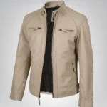 Beige men’s leather biker jacket with quilted shoulders