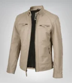 Beige men’s leather biker jacket with quilted shoulders