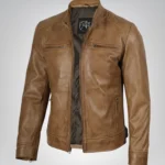 Men’s camel brown leather moto jacket