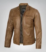 Men’s camel brown leather moto jacket