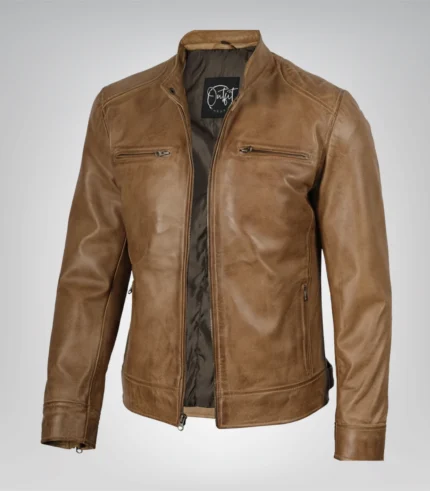 Men’s camel brown leather moto jacket