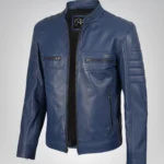 Stylish blue real leather motorcycle jacket for men – handcrafted