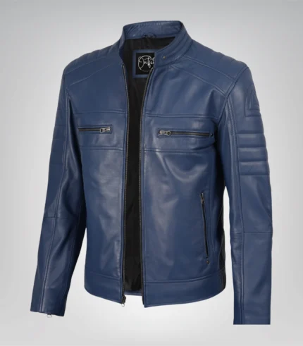 Stylish blue real leather motorcycle jacket for men – handcrafted