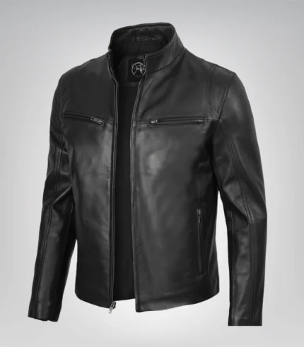 Men’s black leather motorcycle jacket in classic fit