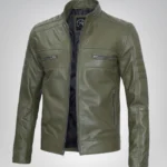 Men’s olive green leather biker jacket in real leather