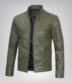 Men’s olive green leather biker jacket in real leather