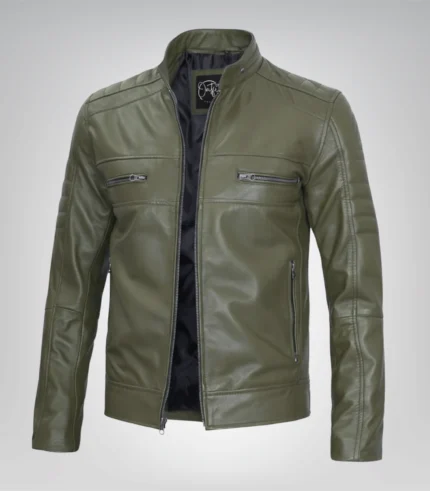 Men’s olive green leather biker jacket in real leather