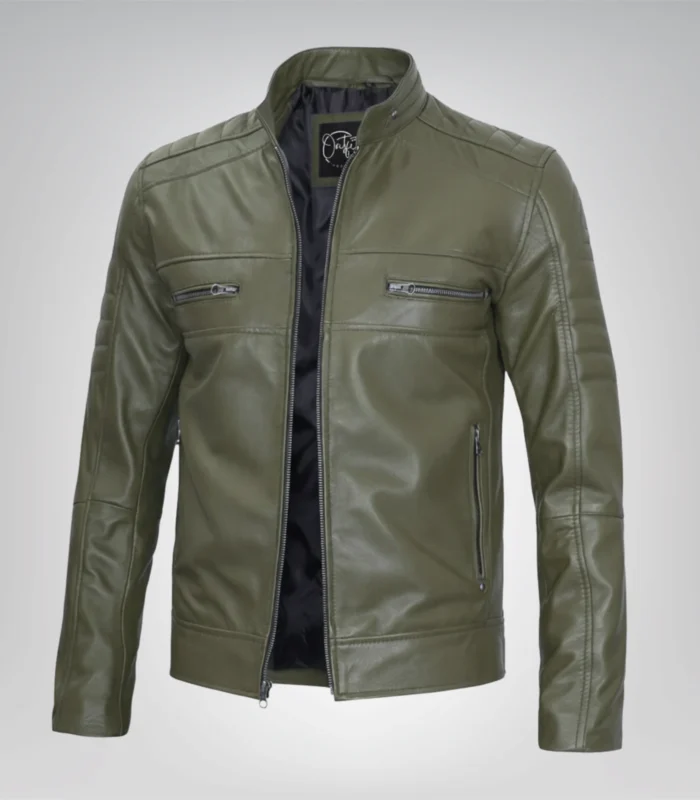 Men’s olive green leather biker jacket in real leather