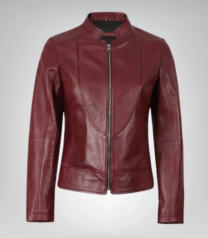 Women’s slim fit burgundy leather jacket – real lambskin moto style
