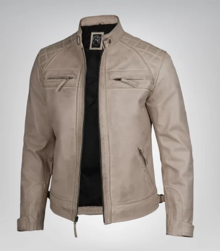 Warm beige men’s leather biker jacket
