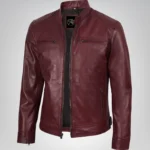 Burgundy men’s leather motorcycle jacket in biker style