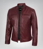 Burgundy men’s leather motorcycle jacket in biker style