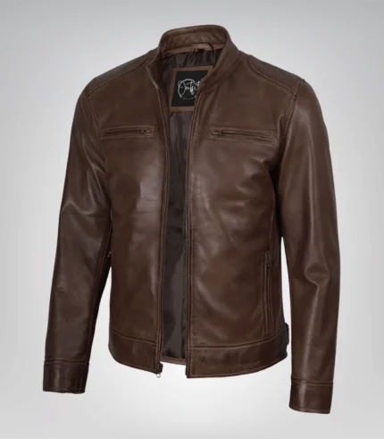 Dodge men’s chocolate brown waxed leather motorcycle jacket