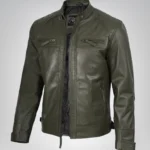 Olive green men’s leather motorcycle jacket with quilted shoulders